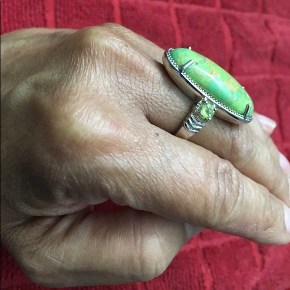 Mojave Green Turquoise/Peridot Earrings/ Ring Set 925 -  14K Goldplated. - Picture 16 of 17